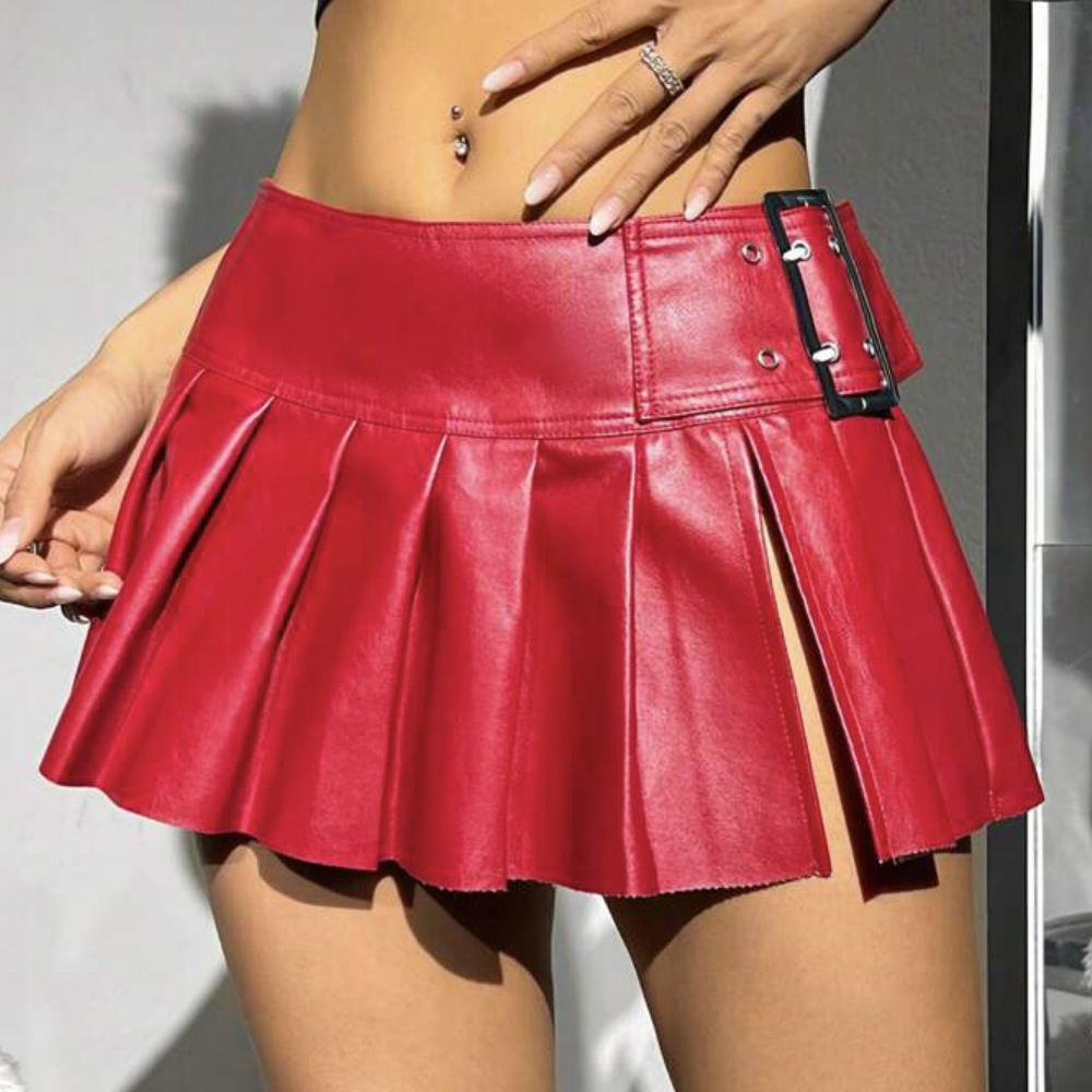OM-2025 New Slim-Fit PU Leather Pleated Skirt Women's Versatile Half Skirt