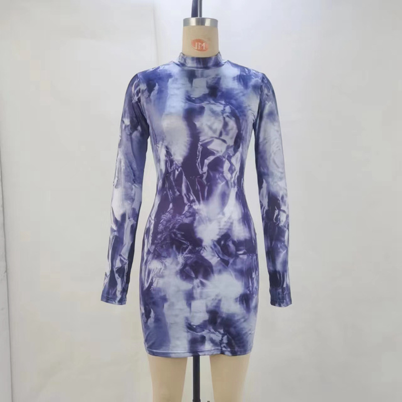 OM-2025 Autumn/Winter New Fashionable Streetwear Half-High Neck Long-Sleeved Dress with Unique Print